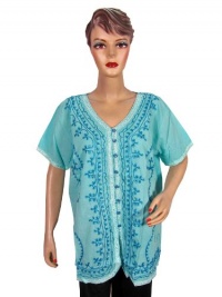 Women Bohemian Fashion Cotton Shirt Aqua Floral Print Blouse Tunic Top Xl Size