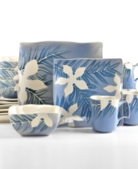 A collection of tropical floral and leaf silhouettes are set in a light blue reactive glaze in the Spring Grove dinnerware set, creating a refreshing design from Gibson in durable stoneware.