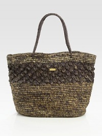 Two-toned woven grass design with palm tree details for a truly tropical look. Woven grass9W X 13H X 28DSpot cleanImported