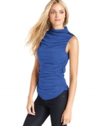 Add a sporty touch to your everyday look with this ruched petite turtleneck top from DKNY Jeans.