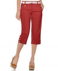 Dockers' super-soft petite capri features a hint of stretch and built-in tummy flattening features for a flattering fit. A matching belt and buttoned cuffs make for a stylish casual look! (Clearance)