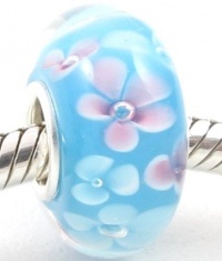 .925 Sterling Silver Stamped European Turquoise Hawaii Ocean with Flowers Murano Glass Bead Charm