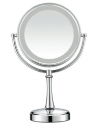 Take a good look at yourself. This classic makeup mirror, finished in polished chrome, rotates 360-degrees in its frame to provide two essential views – regular and 7X magnification – as a built-in light illuminates the details. Model BE87CR.