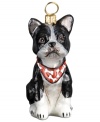 Puppy love at first sight. Just begging for a home, this Boston terrier ornament is irresistible to animal lovers in hand-painted glass from Joy to the World.