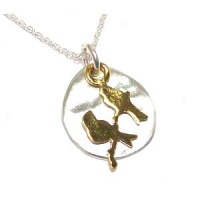 Kevin N Anna Studio Sterling Silver Pendant Necklace with Round Silver Disk Pendant with Etched GOLD BIRDS Celebrates FRIENDSHIP