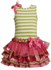 Size-5, Green, BNJ-8036R Striped Knit to Multi Tiered Mix-Print Drop Waist Dress,R38036 Bonnie Jean Little Girls Girl Party Dress