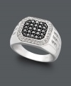 Square off on signature style. This shapely men's ring features a square-cut design adorned by round-cut black diamonds (5/8 ct. t.w.) and edged with round-cut white diamonds (3/8 ct. t.w.). Crafted in sterling silver. Size 10.