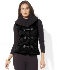 Lauren Ralph Lauren's lustrous satin quilted vest is finished with faux fur at the collar for added warmth and style.