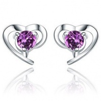 Rhodium Plated 925 Silver Amethyst Heart Shape Stud Earrings-SE3050