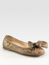 Python stamped metallic leather flat with bow detail. Python stamped leather upperLeather liningRubber solePadded insoleMade in ItalyOUR FIT MODEL RECOMMENDS ordering one half size up as this style runs small. 