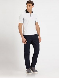 Ideal for casual Fridays or weekend wear, this tailored classic is cut from superior jersey cotton for added shape and comfort.Flat-front styleSide slash, back welt pocketsInseam, about 3390% cotton/10% polyesterDry cleanImported