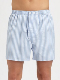 Elasticated boxer shorts, shaped in lightweight, satin-striped cotton for the classic gentleman of style.Elastic waistbandAdjustable button-flyInseam, about 4CottonMachine washImported