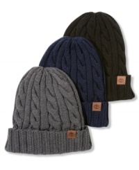 A watch cap that shows off this season's chunky cables and thick ribbing in a luxurious merino wool from Timberland.