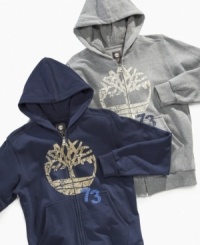 He can keep warm around the fire this fall in one of these comfortable zip-up hoodies from Timberland.