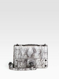 Python-embossed leather lends exotic style to this compact flap-top design with a versatile chain strap. Chain shoulder strap, single strap long 22 drop, doubled 11½ longTurn-lock on flap closureOne back open pocketOne inside zip pocketOne inside open pocketCotton lining8¼W X 5½H X 2½DImported