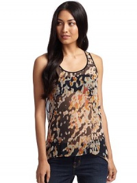 THE LOOKScoopneckPullover styleSleevelessSheer, abstract printRacerback design with contrast print draped detailTail hemTHE FITLoose fit silhouetteAbout 27 from shoulder to longest point of hemTHE MATERIALSilkCARE & ORIGINDry cleanMade in USA