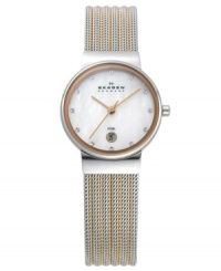 Show your stripes. The rose and silver tone mesh bracelet on this Skagen Denmark watch creates an elegant silhouette.