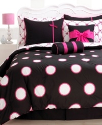 In a bold palette of pink, black and white, Sophie bedding is spot-on stylish. Bright white dots outlined in pink decorate the comforter, while the coordinating sham features a black background accented by bright pink trim and bow detail. Fashion-forward decorative pillows boasting chic, shocking pink accents complete the look with flair.