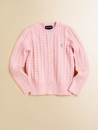 Softly textured, this cabled knit in cool cotton has long sleeves and ribbing at the collar, cuffs and hem. Long sleeves Button-front closure Embroidered chest pony Cotton; machine wash Imported