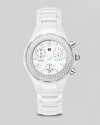 Michele Tahitian ceramic white diamond watch. A stainless steel bezel watch with ceramic case and bracelet. Enamel dial with mineral crystal and diamond detail. Quartz movement.