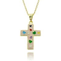 Lily Nily 18k Gold Overlay Children's Pink Enamel Multi Color Hearts Cross Pendant