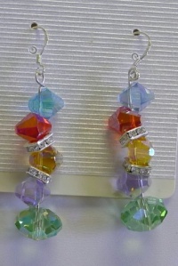 Swarovski Bead Earwire Earrings - Blue, Red, Brown, Purple and Green Color, with CZ Stones On, with Sterling Silver Setting