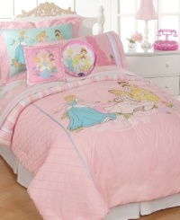 Bring the enchanting beauty of the Disney princesses into your room! The charming comforter features pin-tuck pleating and ribbon detail at the sides, while embroidery and appliqués of Cinderella, Aurora and Belle decorate the center. The coordinating sham featuring the three Disney princesses and a pin-tucked flange completes the look with style.