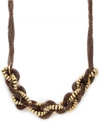 Twist the night away. Alfani's indulgent necklace combines woven chocolate-tone mesh chains with gold tone beads for a picture-perfect result. Set in chocolate tone mixed metal. Approximate length: 18 inches + 3-inch extender.