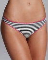 This striped bikini from Calvin Klein pairs comfort with a simple silhouette. Style #F1031.