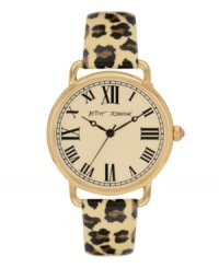 Have a taste of the untamed with this wild watch by Betsey Johnson. Brown and black leopard print patent leather strap and round gold tone stainless steel case. Champagne dial features black Roman numerals, minute track, three hands and logo. Quartz movement. Water resistant to 30 meters. Two-year limited warranty.