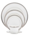 Inspired by the trim on an elegant couture gown, this graceful place settings from Lenox's dinnerware and dishes collection features an intricate platinum border that combines harmoniously with white bone china for unparalleled style.