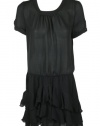 Aqua Womens Black Tiered Ruffle Semi-Sheer Short Sleeve Dress L