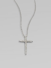 A beautiful cross that sparkles with diamonds in 18k gold on a chain link necklace. Diamonds, .1 tcw18k white goldLength, about 16 to 18 adjustablePendant size, about ½ Lobster clasp closureMade in Italy