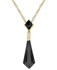 Look sharp and chic with this onyx (12-5/8 ct. t.w.) dagger pendant, adorned with diamond accents. The necklace is crafted from 10k gold. Approximate length: 18 inches. Approximate drop length: 1-1/2 inches. Approximate drop width: 1/3 inch.