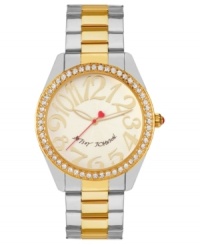 Shining example of pure fashion, by Betsey Johnson. This two-tone watch features crystal accents and eye-catching numerals at the dial.