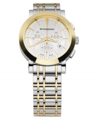 This Burberry timepiece features a two-tone stainless steel bracelet and round case. Goldtone bezel. Etched silvertone dial with logo, date window, goldtone stick indices and three subdials. Swiss made. Quartz movement. Water resistant to 50 meters. Two-year limited warranty.