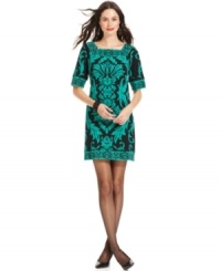 Alfani's shift dress looks lavish with this posh brocade-inspired print.