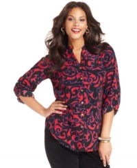 Team up your trousers with Style&co.'s printed plus size shirt.