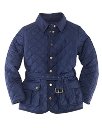 The classic barn jacket in diamond-quilted microfiber is updated for a modern preppy look with a corduroy pointed collar and belted waist.