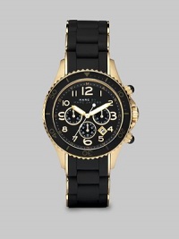 Striking and sporty, combining a full-function chronograph with gold IP-finishing over stainless steel and elegant black enamel and silicone layering.Round stainless steel case with gold IP finishing