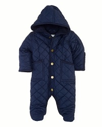 Baby keeps warm from head to toe in a cozy hooded bunting, rendered in sleek diamond-quilted microfiber and lined in soft-to-the-touch winter fleece.