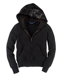 A classic full-zip hoodie is rendered in soft and warm cotton, tailored with raglan sleeves and updated with a stylish sequined hood.