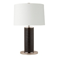 Perfect for your office, den or study, this leather-wrapped lamp with polished nickel hardware and white drum shade stands sleek with style.