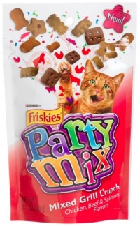 Friskies Party Mix, Mixed Grill Crunch Cat Treats, Chicken, Beef & Salmon Flavors, 2.1-Ounce Pouches (Pack of 10)