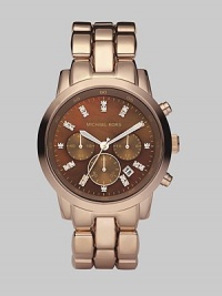 A rose goldtone finish gives a warm glow to a stainless steel chronograph with a lustrous chocolate dial.Quartz movement Water-resistant to 10ATM Polished bezel Round stainless steel case with rose goldtone finish, 42mm (1.69) Chocolate mother-of-pearl dial with crystal hour markers Three chronograph sub dials Date display at 4 o'clock Second hand Rose goldtone-finished stainless steel link bracelet Imported