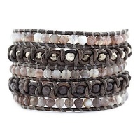 Chan Luu Botswana Agate Mix Knotted Wrap Bracelet on Natural Grey Leather