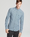 A mini gingham check adorns this modern slim-fit sport shirt from Burberry Brit.