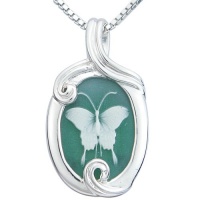 Sterling Silver Green Agate Butterfly Cameo Pendant Necklace, 18