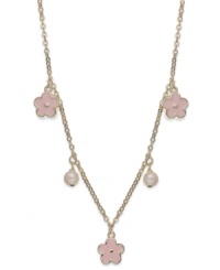 Growing into glamour. Pink enamel flowers and cultured freshwater pearls (5 mm) bloom on this children's station necklace from Lily Nily. Set in 18k gold over sterling silver. Item comes packaged in a signature Lily Nily Gift Box. Approximate length: 16 inches. Approximate charm size: 3/8 inch.