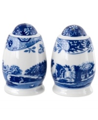 With a quaint country scene and the Imari Oriental border of Spode's Blue Italian dinnerware, these porcelain salt and pepper shakers lend distinct old-world charm to traditional tables.